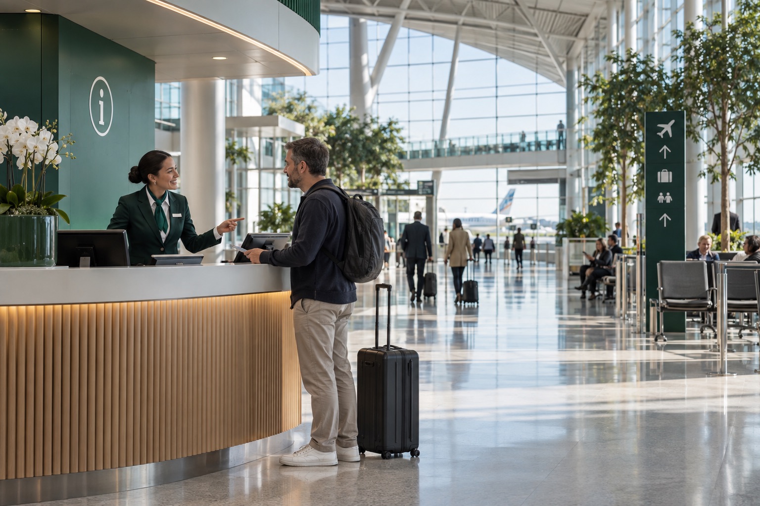 Illustrative airport assistance agent helping a traveler with luggage at a terminal service desk