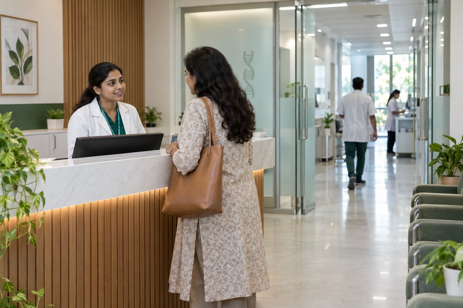 Illustrative diagnostic lab reception with a staff member welcoming a visitor near the collection area