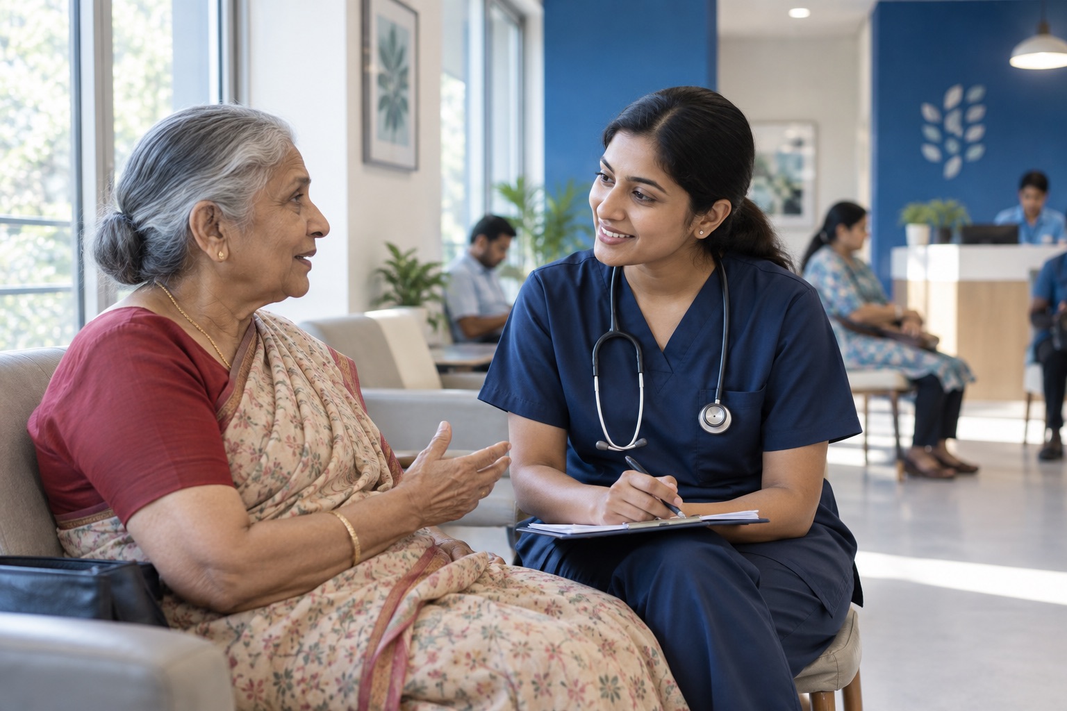Illustrative scene of a clinician listening to a patient in a private clinic
