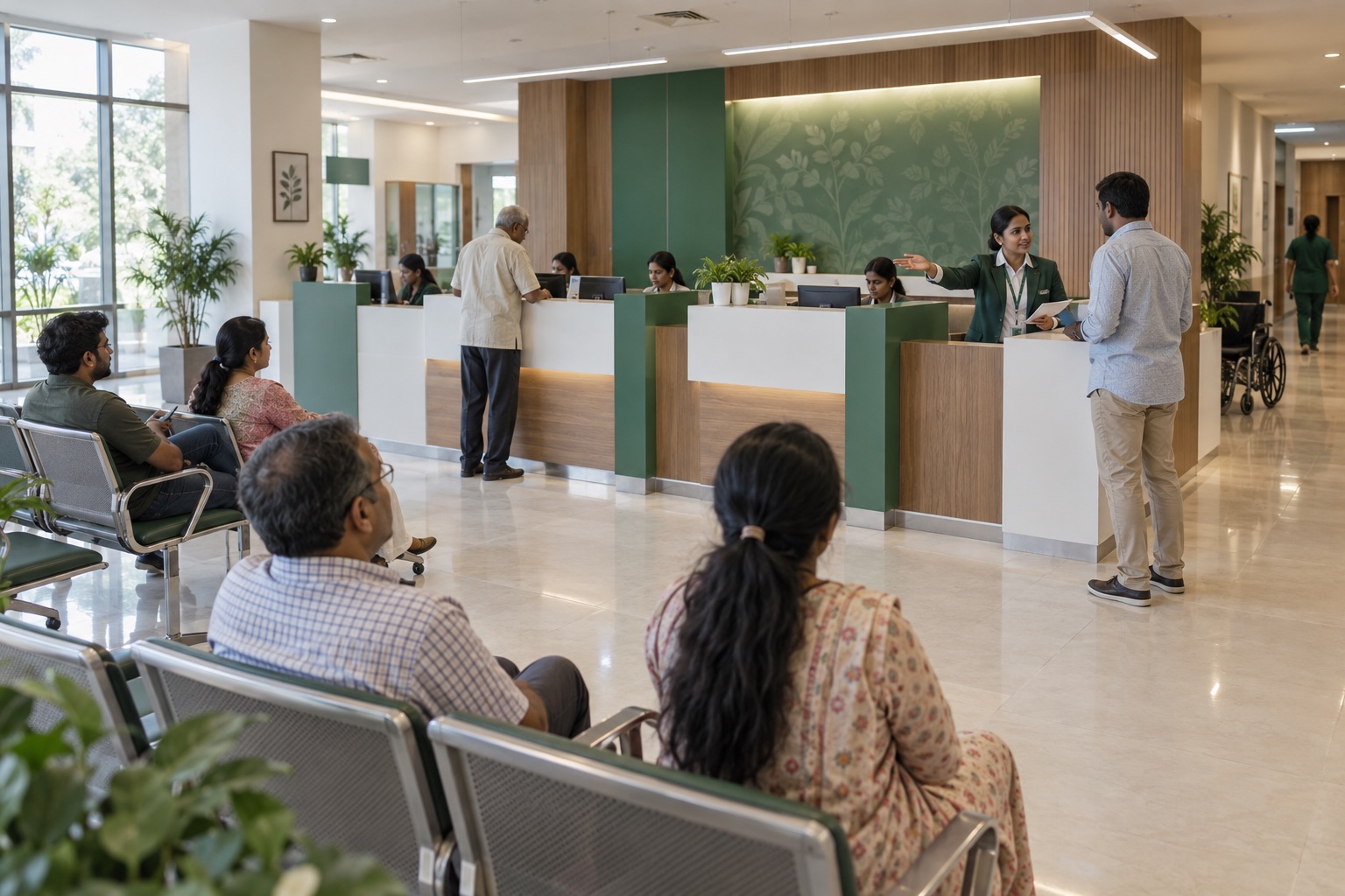 Illustrative hospital outpatient reception with staffed counters and a visitor being guided