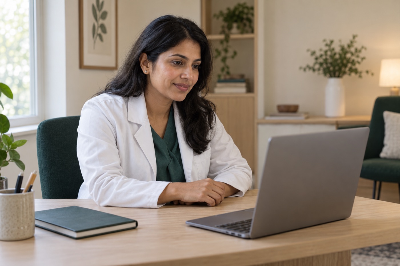 Clinician listening attentively during an online consultation at a laptop
