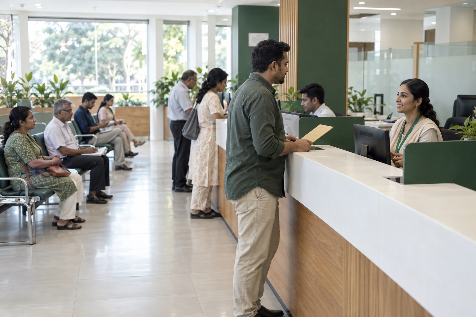 Illustrative public-service reception where a counter officer assists a visitor carrying a plain folder