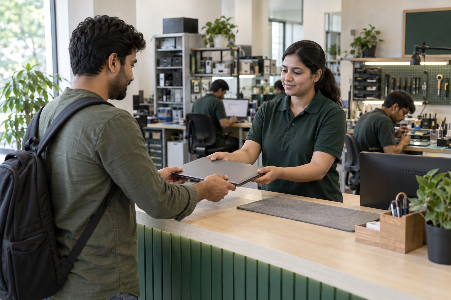 Illustrative electronics service centre with a customer handing a closed laptop to a service adviser